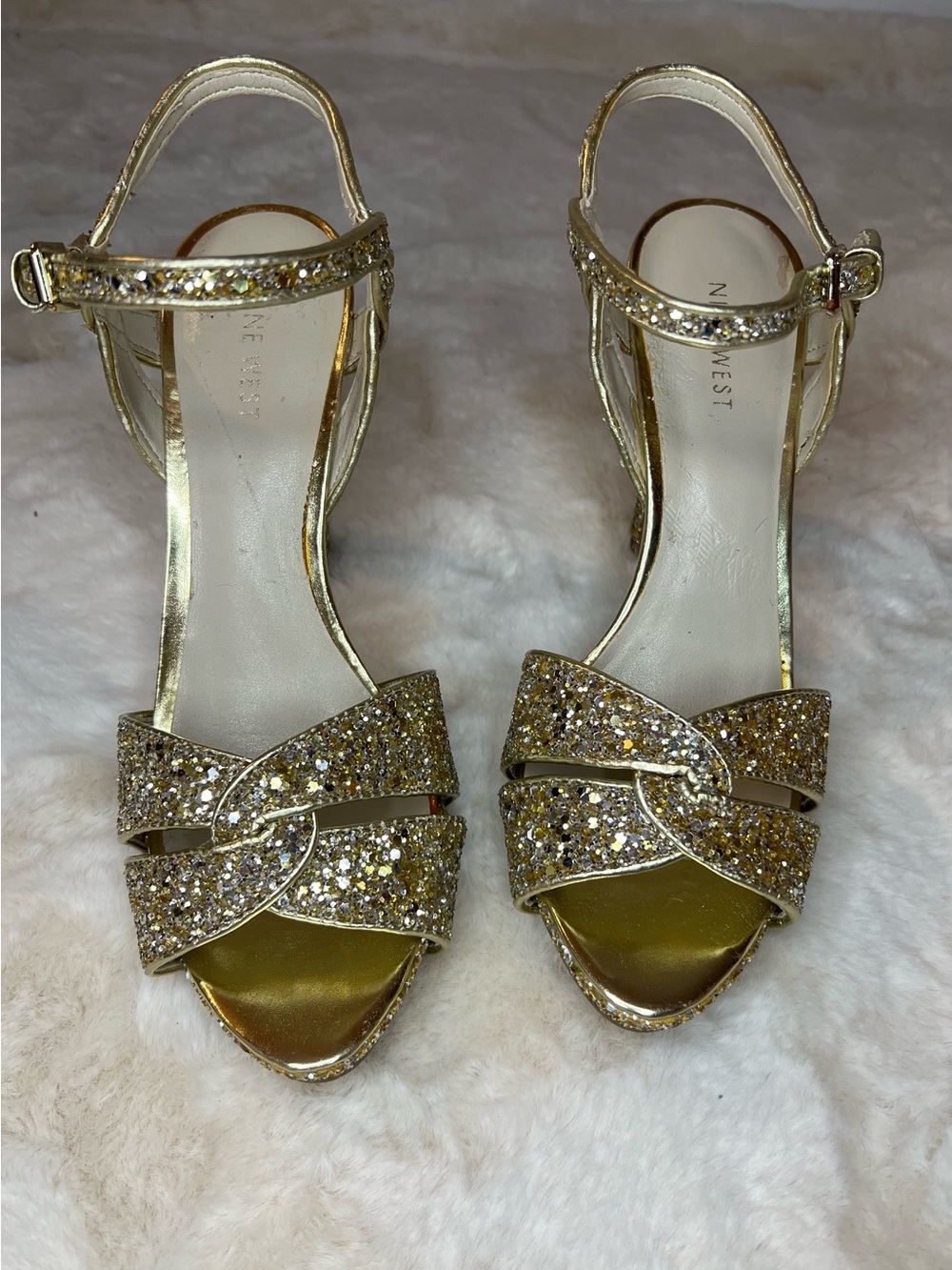Nine West Gold Glitter Crisscross Ankle-Strap Heels